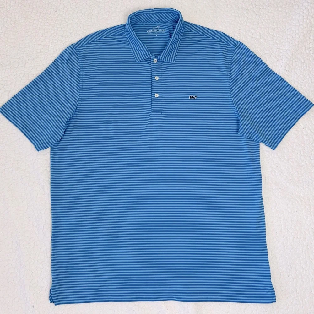 Vineyard Vines Polo Shirt Men's Size L Blue Striped Performance Golf Stretch